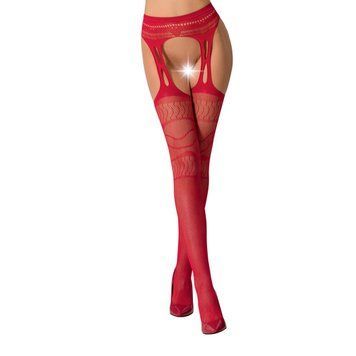 Сітчасті панчохи-стокінги Passion S020 One Size, Red, ажурний візерунок, імітація пояса з гартерами PSS020R фото