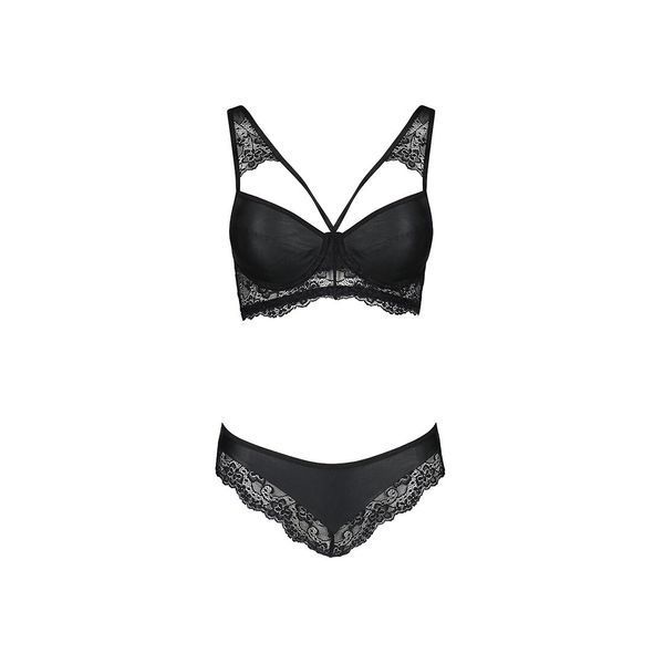 Комплект з еко-шкіри та мережива Passion LOONA SET L/XL, black, бра і трусики SO5361 фото