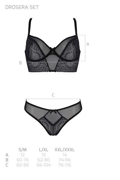 Комплект Passion DROSERA SET black, L/XL, сітка+мереживо, бюстьє та трусики танга SX0479 фото
