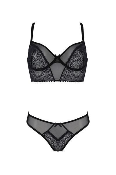 Комплект Passion DROSERA SET black, L/XL, сітка+мереживо, бюстьє та трусики танга SX0479 фото